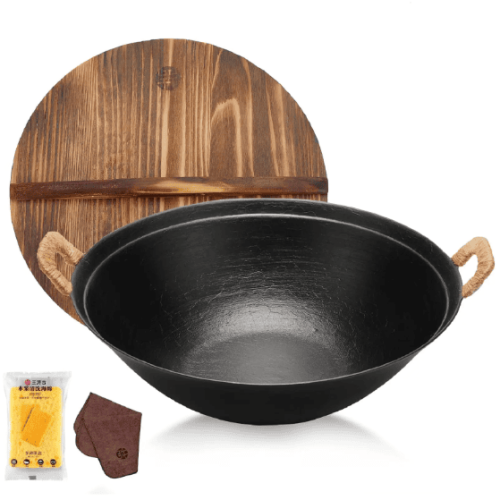 WANGYUANJI 14.2 Handmade Wok, Cast Iron Wok Pan, Large Flat Bottom Wok Stir With Dual Handle And Wooden Lid, Suitable For All Cooktops, Uncoated WANGYUANJI 14.2 Handmade Wok, Cast Iron Wok Pan, Large Flat Bottom Wok Stir With Dual Handle And Wooden Lid, Suitable For All Cooktops, Uncoated