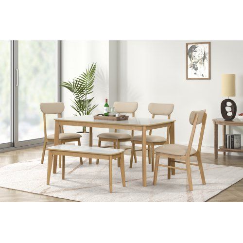 Set Of 6 Dining Table, One Table, One Bench And Four Chairs, With A Light Oak High-gloss White Top Set Of 6 Dining Table, One Table, One Bench And Four Chairs, With A Light Oak High-gloss White Top